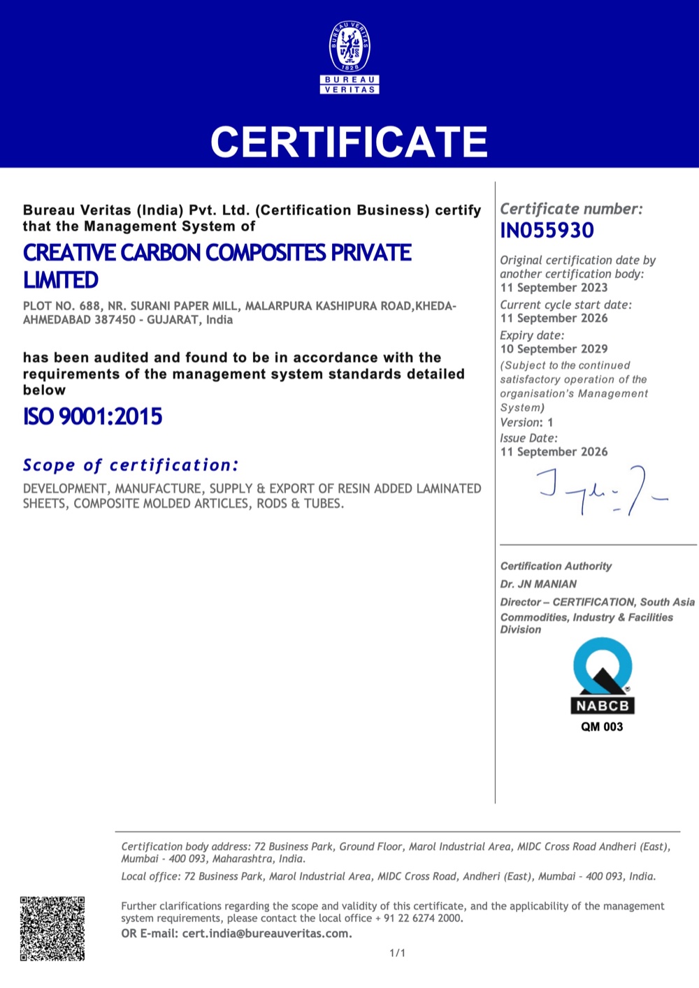 ISO 9001:2015 Certificate - Bureau Veritas - Creative Carbon Composites Pvt Ltd